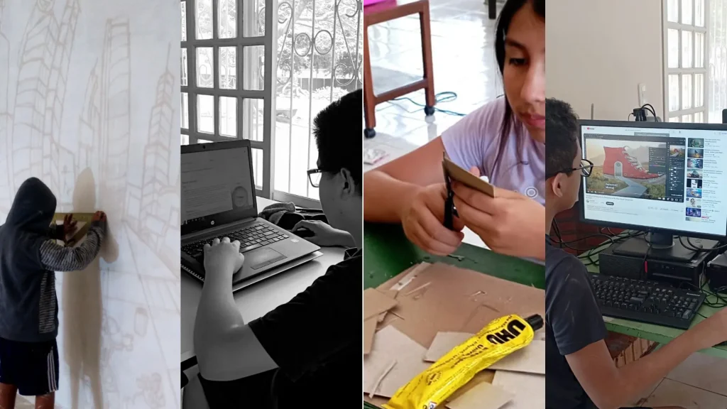 Proceso de microescolarización donde diferentes alumnos realizan actividades independientes de arte, investigación, manualidades y diseño gráfico de forma paralela.